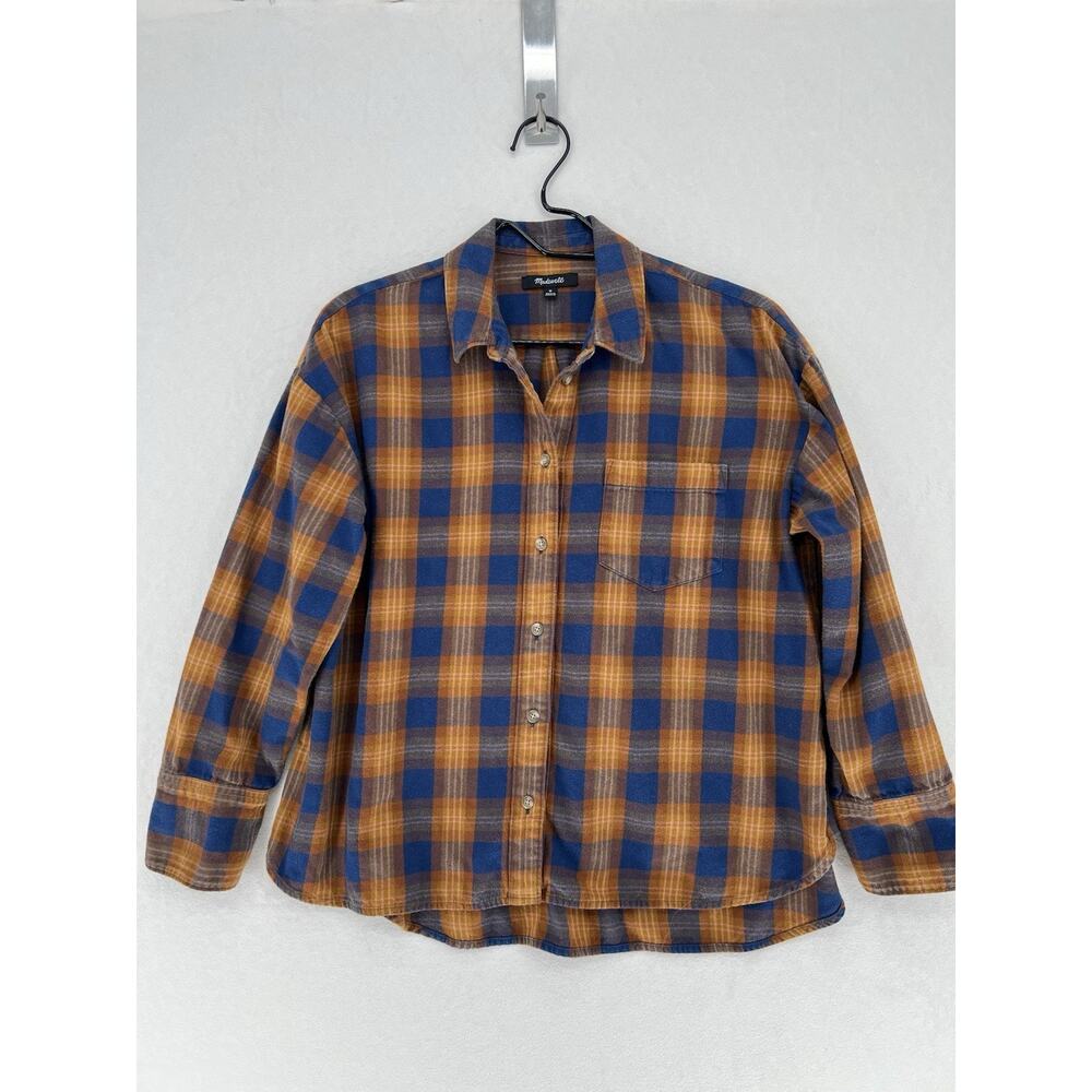 Madewell Plaid Flannel Shirt Womens Medium Blue Orange Cotton Button Front Top